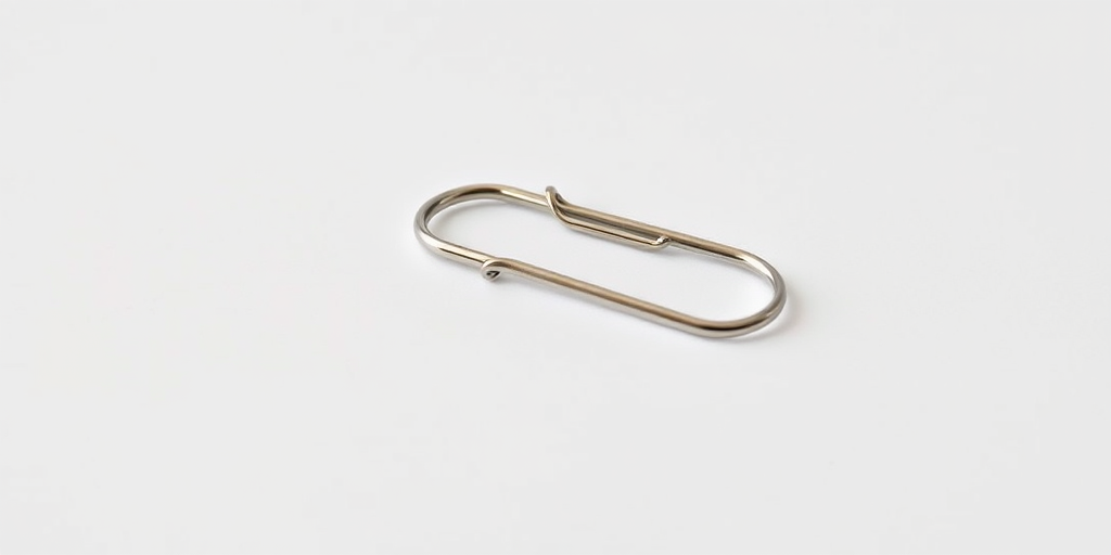 Create a highly detailed image of a silver paperclip on a white background, captured with a DSLR camera, aperture set to f/8 for sharpness, ISO 100 for reduced noise, using a 50mm lens at eye level to emphasize the paperclip's sleek design.