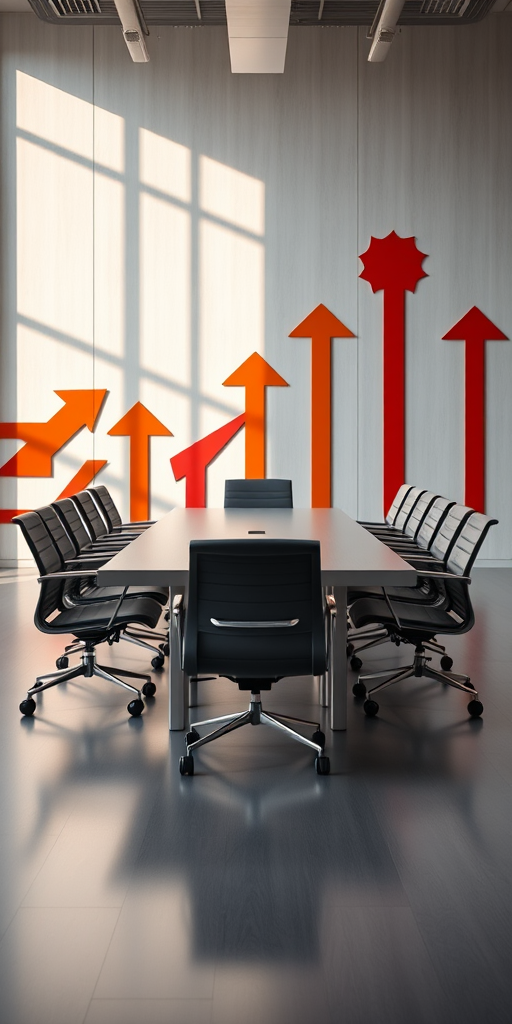 Modern conference room with a long table and empty chairs, vibrant arrows in shades of red and orange on the wall, soft natural lighting, taken with a DSLR camera, 50mm lens, f/2.8 aperture, ISO 200, shallow depth of field, 1/125s shutter speed.
