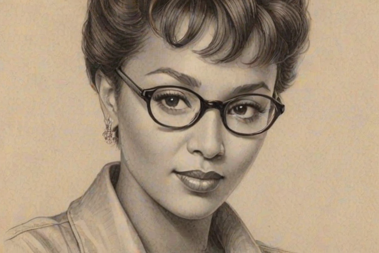 Enchanting Anita Baker, pencil sketch, portrait of Comely woman 1932s in glasses, hair style beatnik, outline, clear lines, fine lines, 8k