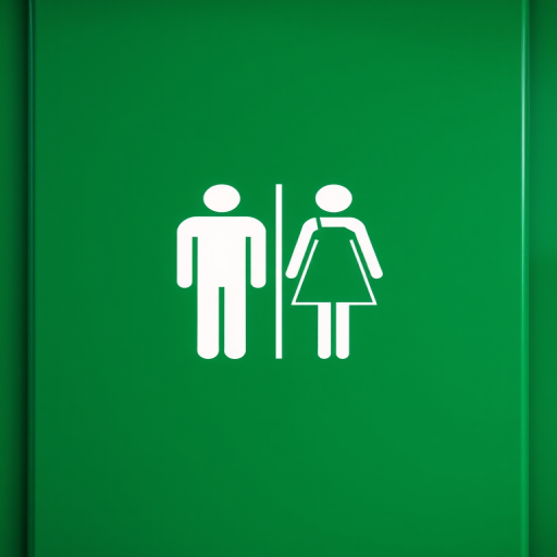 Design a restroom sign featuring a stylized male and female figure on a green background, using a Canon EOS R5 with a 50mm lens at f/2.8, ISO 100, shot from eye level with a minimalistic style for clarity and visibility.