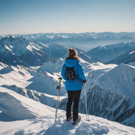Snow-covered mountains, the sky a brilliant blue, a woman in a puffy jacket stands at the top of a ridge, her skis planted in the snow as she takes in the stunning view below.