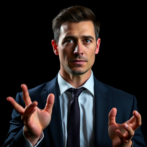 portrait of a man in a suit with prominent hands gesturing, dark background, dramatic lighting, Canon EOS R5, 50mm lens, f/1.8, ISO 100, 1/125s, focused on facial details