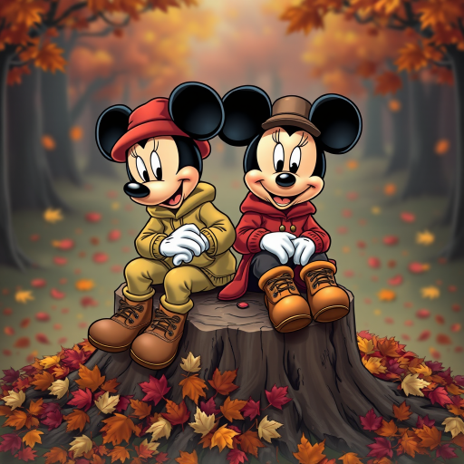 create a cartoon style of Mickey and Minnie wear Fall theme colored sweat suits with timberland boots and Bernie hats sitting together on a big tree stump surrounded by large color pile of raked leaves