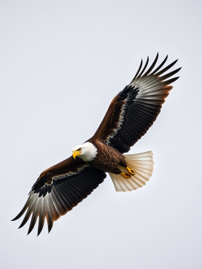 high-resolution image of a bald eagle in mid-flight, capturing intricate feather details and a dynamic pose, natural lighting, shot with a Canon EOS-1D X Mark III, f/5.6 aperture, ISO 400, shutter speed 1/2000 sec, 300mm lens, cropped for a clean background