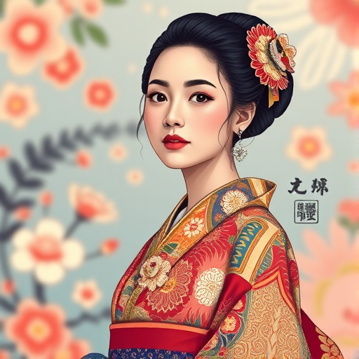 Create an illustration of a woman in a colorful kimono with intricate patterns, inspired by traditional Japanese art, with a soft focus background featuring floral designs, using a Canon EOS R5 with a 50mm lens, f/1.8 aperture, ISO 200, and natural lighting to enhance colors and details.