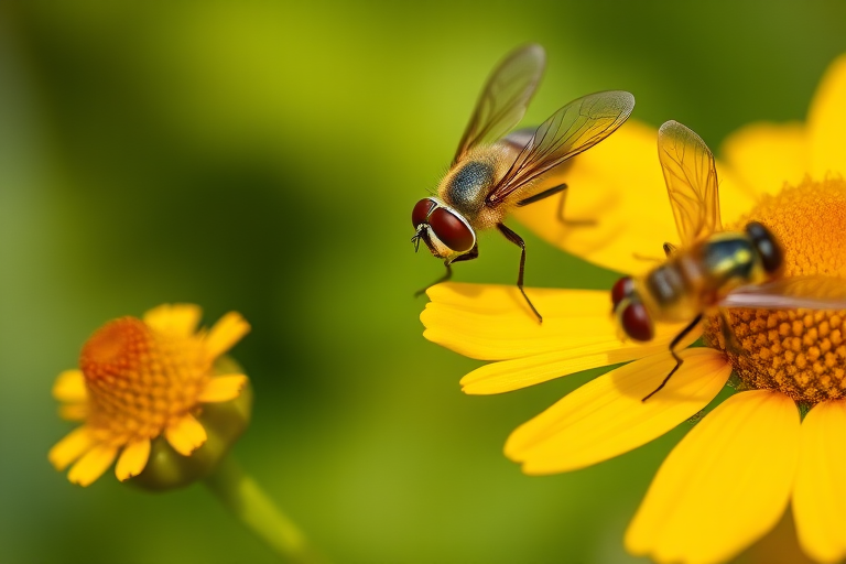 macro photograph of hoverflies on vibrant yellow flowers with a soft green background, aperture f/2.8, shutter speed 1/250s, ISO 100, taken with a DSLR camera in natural light for enhanced detail and depth of field
