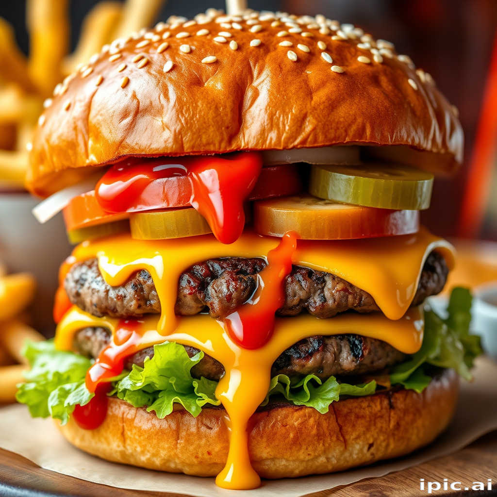 High-resolution, close-up image of a gourmet double cheeseburger. The burger features a glossy, sesame-seed-topped brioche bun. Inside, there are two thick, juicy beef patties, each topped with melted cheddar cheese. The burger is garnished with fresh lettuce, tomato slices, diced onions, and pickles. A generous amount of ketchup and a creamy, orange-colored sauce is dripping down the sides, adding to the mouth-watering appeal. In the background, there are blurred elements including a side of golden French fries and a hint of a beverage, enhancing the overall presentation of a delicious meal.