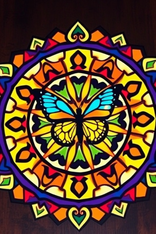Create a vibrant, circular mandala design featuring a central figure of a butterfly integrated with geometric patterns and bold colors, using a DSLR camera with a 50mm lens, aperture set to f/1.8, 1/125 shutter speed, and ISO 100 for enhanced clarity and vividness.