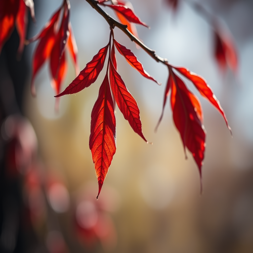 macro photography of dried red leaves hanging on a branch, shallow depth of field, f/2.8 aperture, 100mm lens, ISO 200, natural sunlight, Canon EOS 5D Mark IV, focus on leaf texture, blurred background for depth