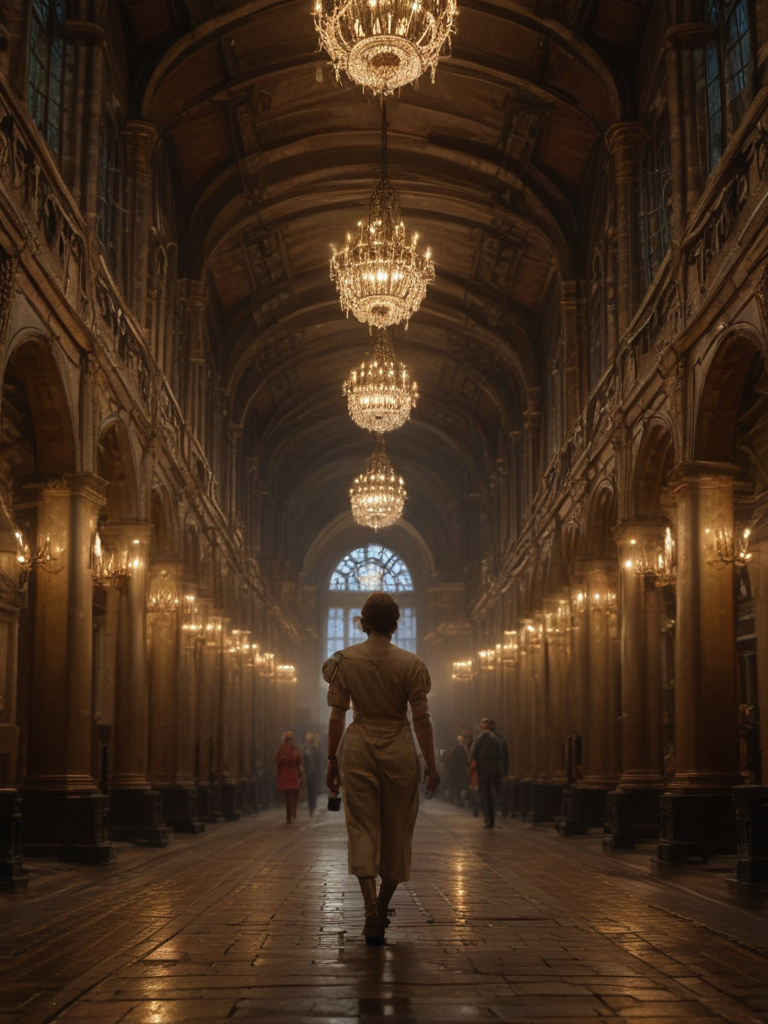 Elegant Hallway with Stunning Chandeliers and a Woman Walking Alone