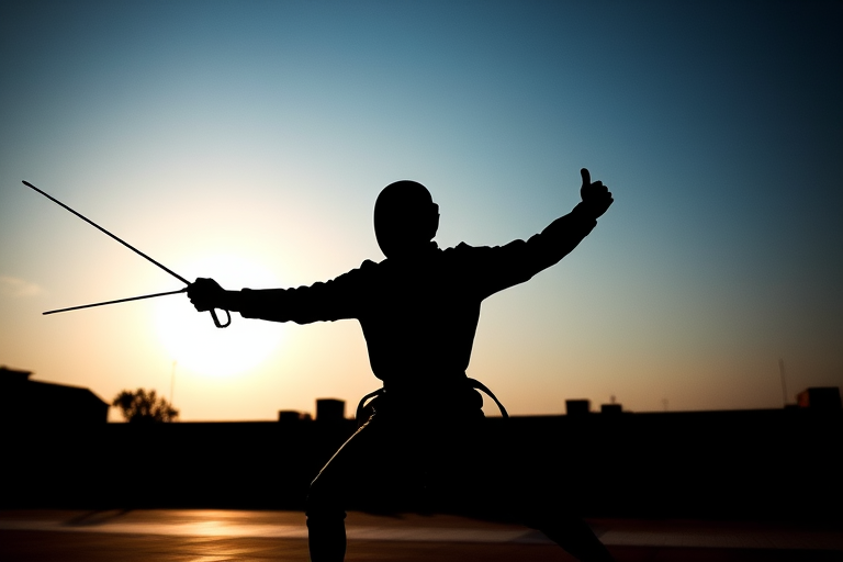 Create a dynamic silhouette of a fencer in mid-action with a sword extended, captured in high resolution at f/2.8 aperture, ISO 100, and a shutter speed of 1/1000s, using a Canon EOS R5 with a 50mm lens from a low angle view for dramatic effect.