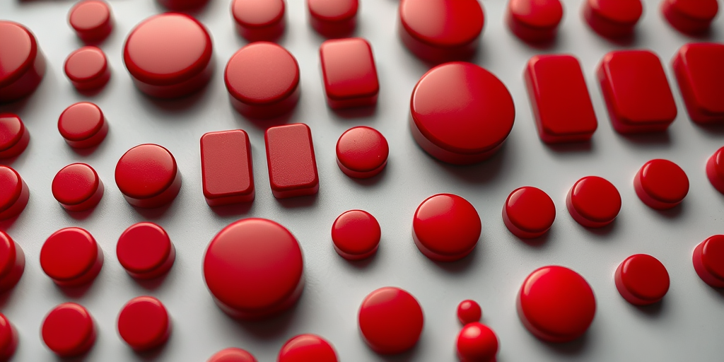 Create a high-resolution image of various red buttons in different shapes and sizes, ensure a clear and polished look, set with a Canon EOS 5D Mark IV, aperture f/8, ISO 100, 50mm lens, with soft lighting from the left to enhance reflections and details.