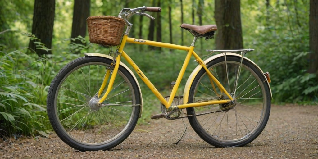 vintage bicycle with a unique design, yellow color, parked on a gravel path with lush green foliage in the background
