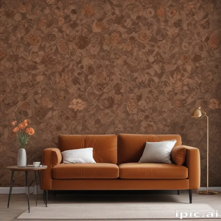 Cozy Living Room Featuring a Brown Floral Wallpaper and Stylish Couch