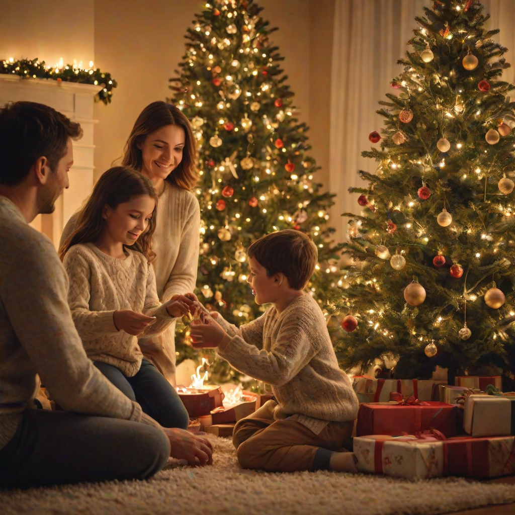 Warmly lit image of a family decorating a Christmas tree, soft golden light from the tree's lights illuminating their faces, with festive ornaments and a cozy fireplace in the background.