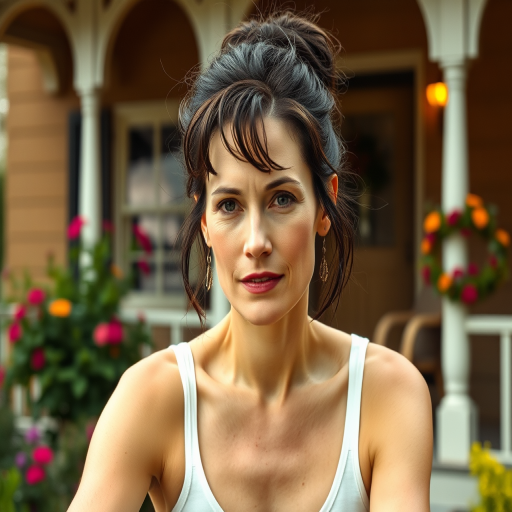 A photo of Tilda Swinton with a background of a cozy porch. She has dark hair pulled back in an updo, with tendrils framing her face. She wears a white tank top and sits on the porch. The porch is part of a well-lit home with a warm, earthy tone and colorful flowers and foliage. The overall scene has a warm, welcoming, and comfortable ambiance.