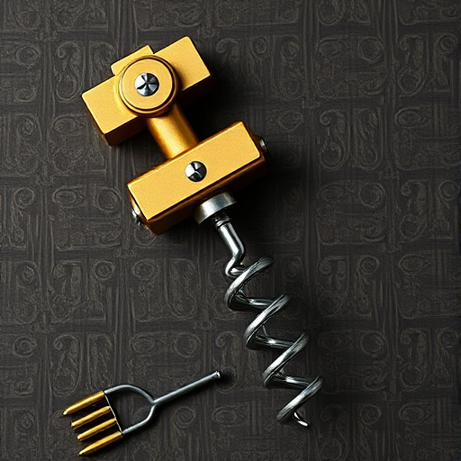 Create a high-resolution image of a corkscrew with a golden handle and a twisted metal spiral, using a 50mm lens, f/2.8 aperture, 1/125 sec shutter speed, shot from a top-down view with natural lighting to enhance the metallic texture.
