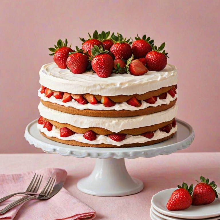 Create a beautiful layered cake with white frosting and fresh strawberries peeking through the layers. The cake should be decorated with delicate edible flowers on top. Place the cake on a simple, elegant cake stand against a soft pink background, with a floral tablecloth underneath. Include a few plates and utensils nearby for serving.