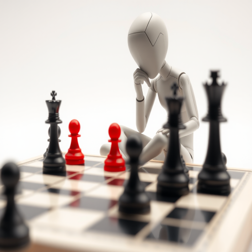Create an image of a 3D humanoid figure sitting in a thinking pose while contemplating a chessboard with black and red pieces, captured with a 50mm lens at f/1.8, ISO 100, 1/125s, from a low angle to emphasize the figure, using soft lighting for a clean and modern aesthetic.