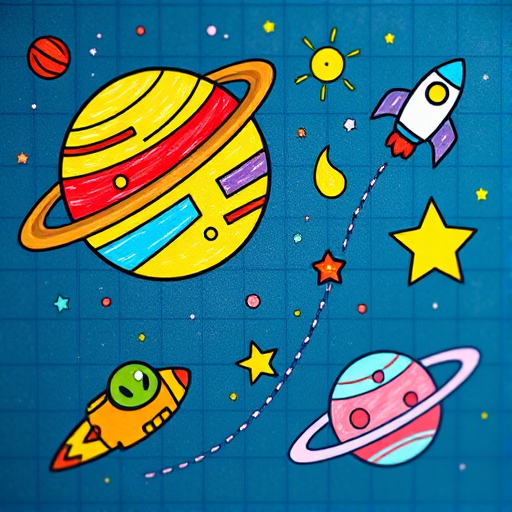 Create a vibrant illustration of colorful hand-drawn space elements including a planet with rings, a rocket, a satellite, a star, an alien spacecraft, and a dotted planet, using a high-resolution digital camera with a macro lens, at f/2.8 aperture, ISO 100, and a slight bokeh effect for a whimsical, cartoon style.