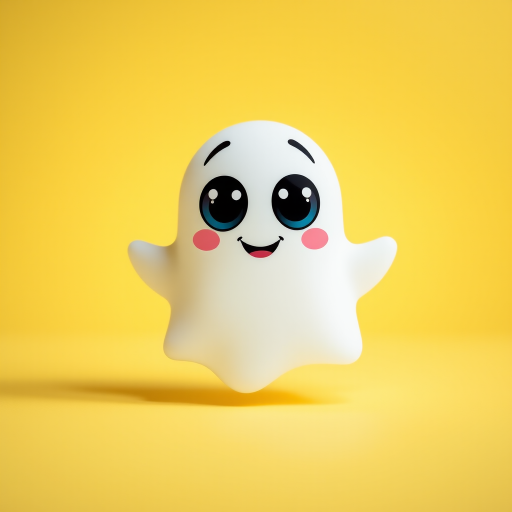 Generate a cute cartoon ghost with big eyes and a smiling expression on a soft yellow background, using a DSLR camera with a 50mm lens, aperture f/1.8 for a shallow depth of field, and a slight vignette effect for enhanced image quality, shot from a frontal view.