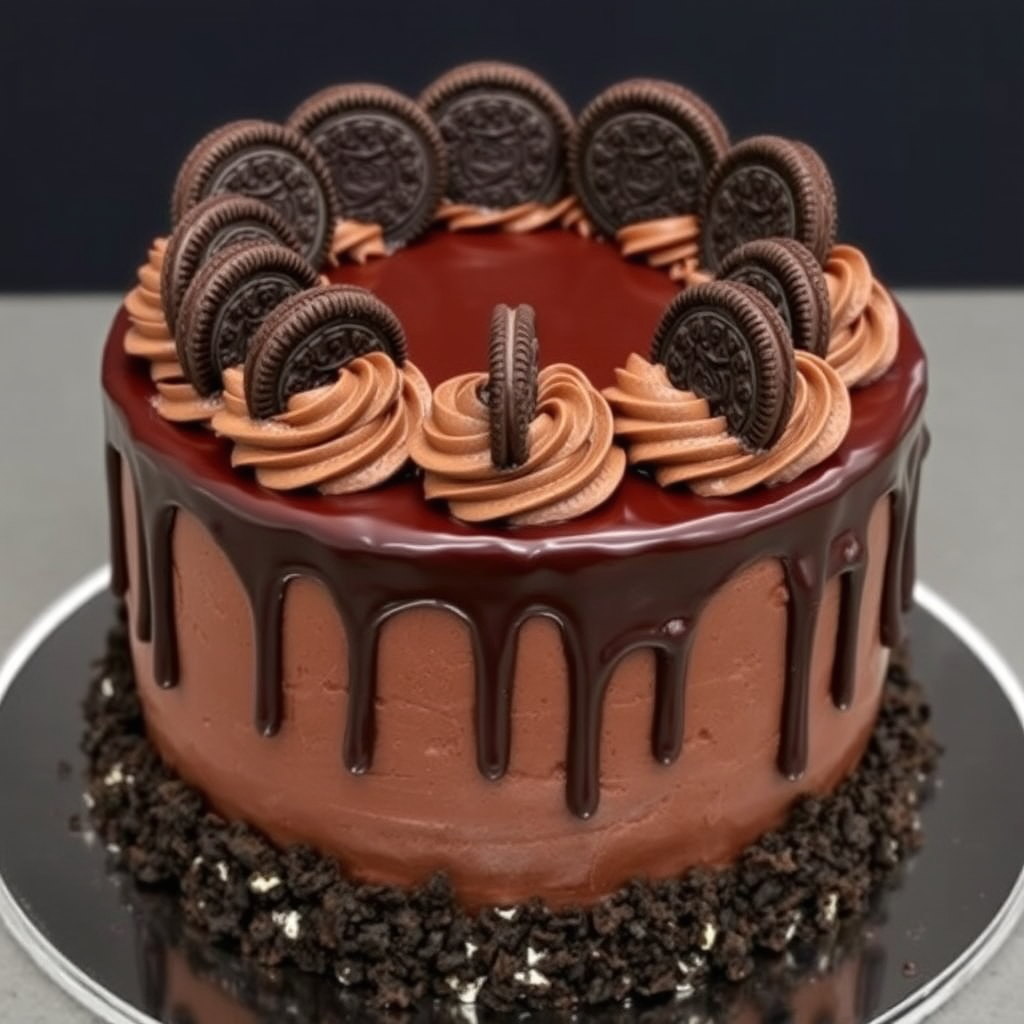 Chocolate Oreo cake with a smooth chocolate ganache drip on the sides topped with swirls of chocolate frosting and whole Oreo cookies arranged around the top edge, with crushed Oreo crumbs on the base.