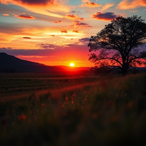 Generate an image of a serene landscape during sunset with vibrant colors, using a DSLR camera with a 50mm lens, aperture f/1.8, ISO 100, shot at a low angle to capture foreground details, in RAW format for enhanced editing quality.