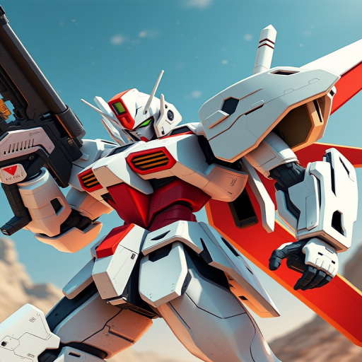 Regenerate a high-resolution image of a futuristic robot character with a sleek design, featuring a white and red color scheme, wielding a large weapon, captured with a DSLR camera at f/2.8 aperture, ISO 100, and a 50mm lens, in a dynamic angle view to emphasize its features and details.