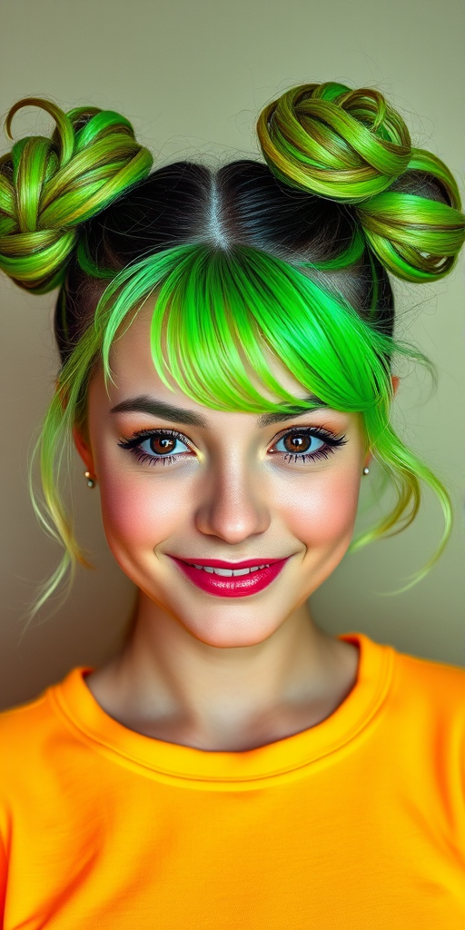 Playful young woman rocking space buns with face-framing tendrils, colored in a vibrant neon green with holographic glitter accents