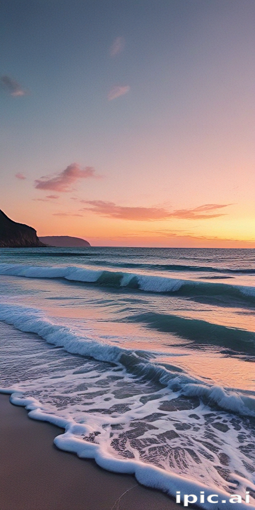 Serene Sunset Over Calm Ocean Waves at Tranquil Beach Shoreline
