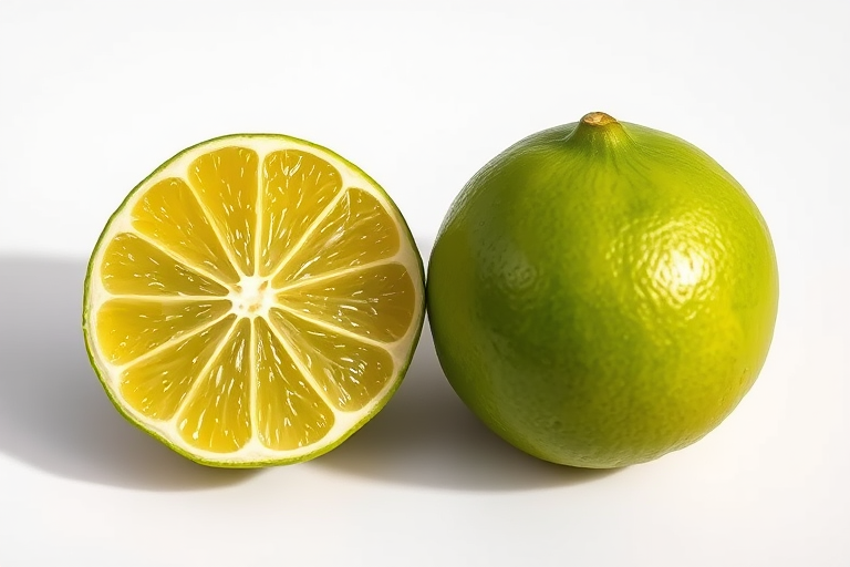 Create a hyper-realistic image of a sliced lime and a whole lime side by side on a clean, white background, with a Canon EOS R5 camera, f/2.8 aperture, ISO 100, 50mm lens, soft natural lighting for enhanced textures.