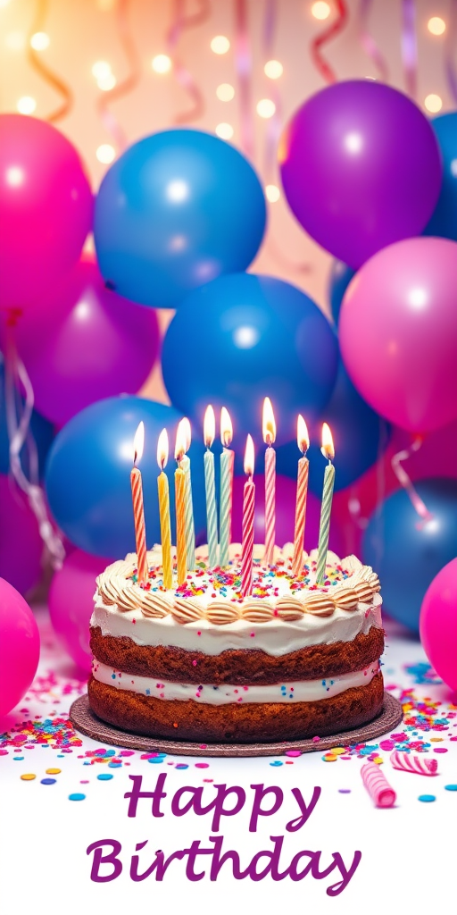 Create an image of a festive birthday celebration featuring a decorated cake with multiple candles lit on top surrounded by colorful balloons in various shades including purple blue and pink scattered confetti and a warm glowing background with a cheerful text saying Happy Birthday