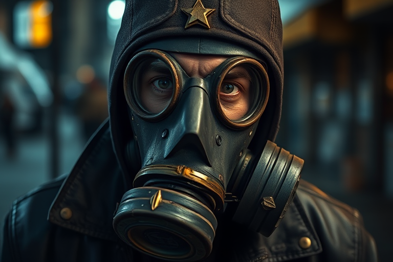Create a highly detailed portrait of a person wearing a weathered gas mask and leather jacket, shot in low light with a shallow depth of field, using a DSLR camera at f/1.8 aperture, ISO 800, and a focal length of 50mm, capturing the gritty atmosphere of an urban environment.