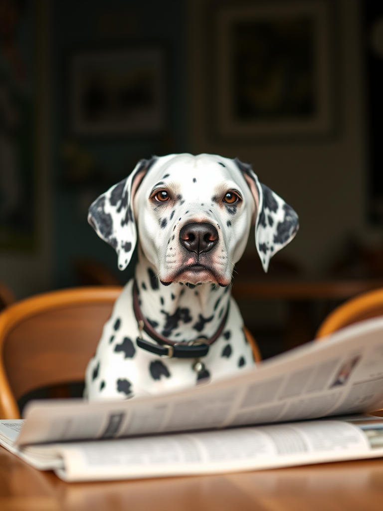 Capture a close-up shot of a Dalmatian dog sitting at a table with a newspaper, natural light, 50mm lens, f/1.8 aperture, ISO 200, soft focus background, warm tones.