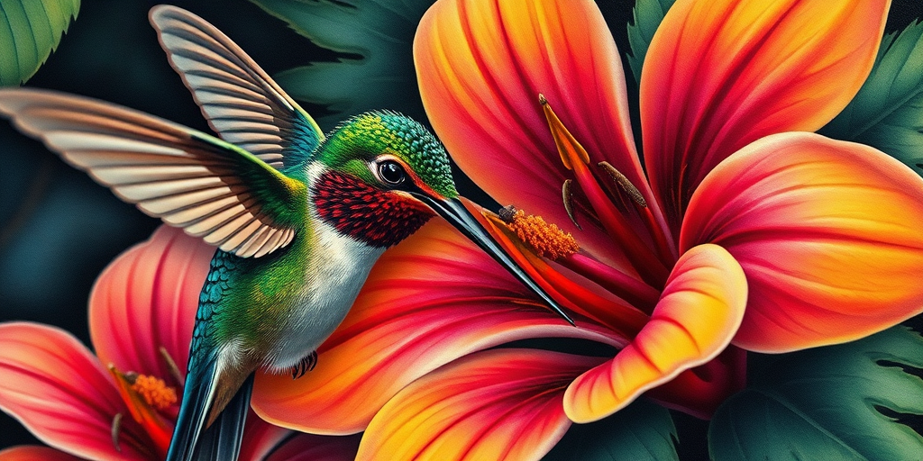 Realism color tattoo called "Nature's Palette" featuring a hyperrealistic close-up of a vibrant hummingbird feeding on a tropical flower with incredible detail and depth