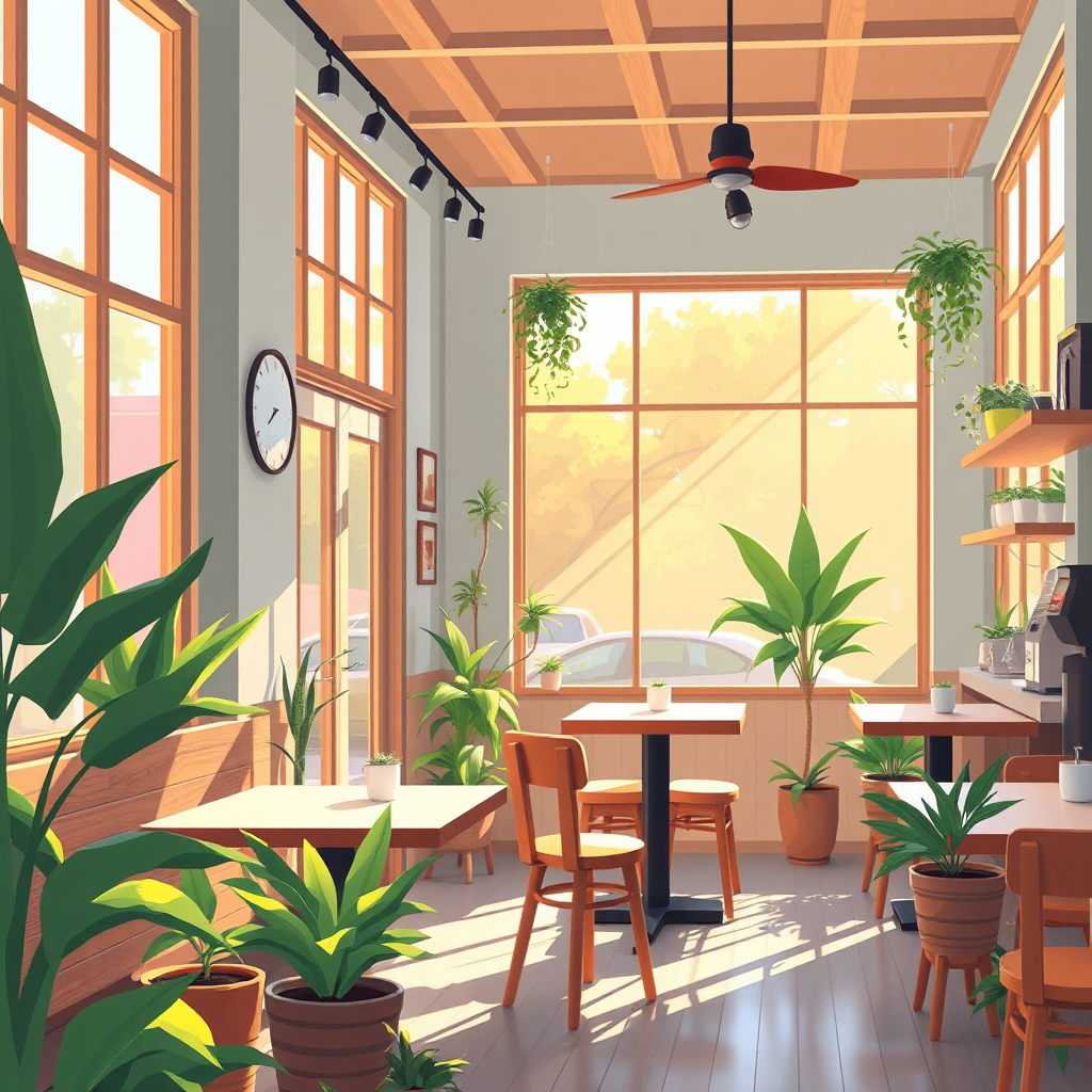 Create a vibrant digital illustration of a cozy coffee shop interior during the day, featuring wooden furniture, potted plants, and sunlight streaming through large windows, captured with a 35mm lens at f/2.8, ISO 200, in soft natural light, utilizing a DSLR camera with a shallow depth of field for an inviting atmosphere.
