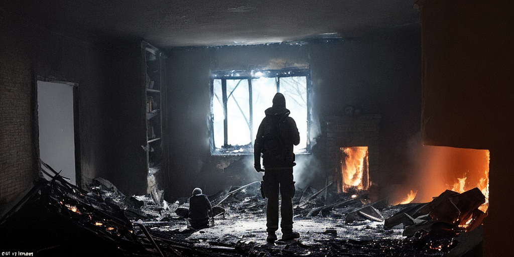 A scene of a person trying to protect his family from a fire in a dark ...
