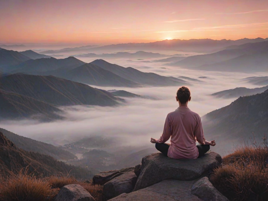Softly lit image of a person meditating on a mountaintop at dawn, soft mist rising from the valley below, with distant peaks bathed in soft pink and orange hues from the rising sun.