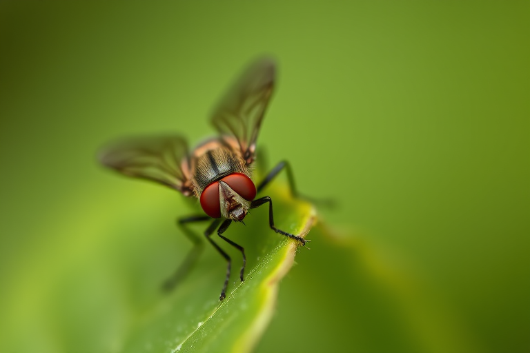 macro shot of a hoverfly on a green leaf with a blurred background, aperture f/16, shutter speed 1/200s, ISO 100, 100mm macro lens, natural light
