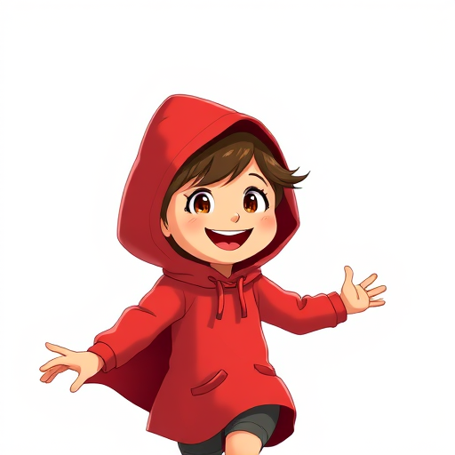 Generate an animated illustration of a girl in a red hooded cloak smiling and skipping joyfully, camera settings: f/2.8 aperture, 1/500 shutter speed, ISO 100, camera view: close-up, camera style: vibrant colors with high contrast, camera type: digital.