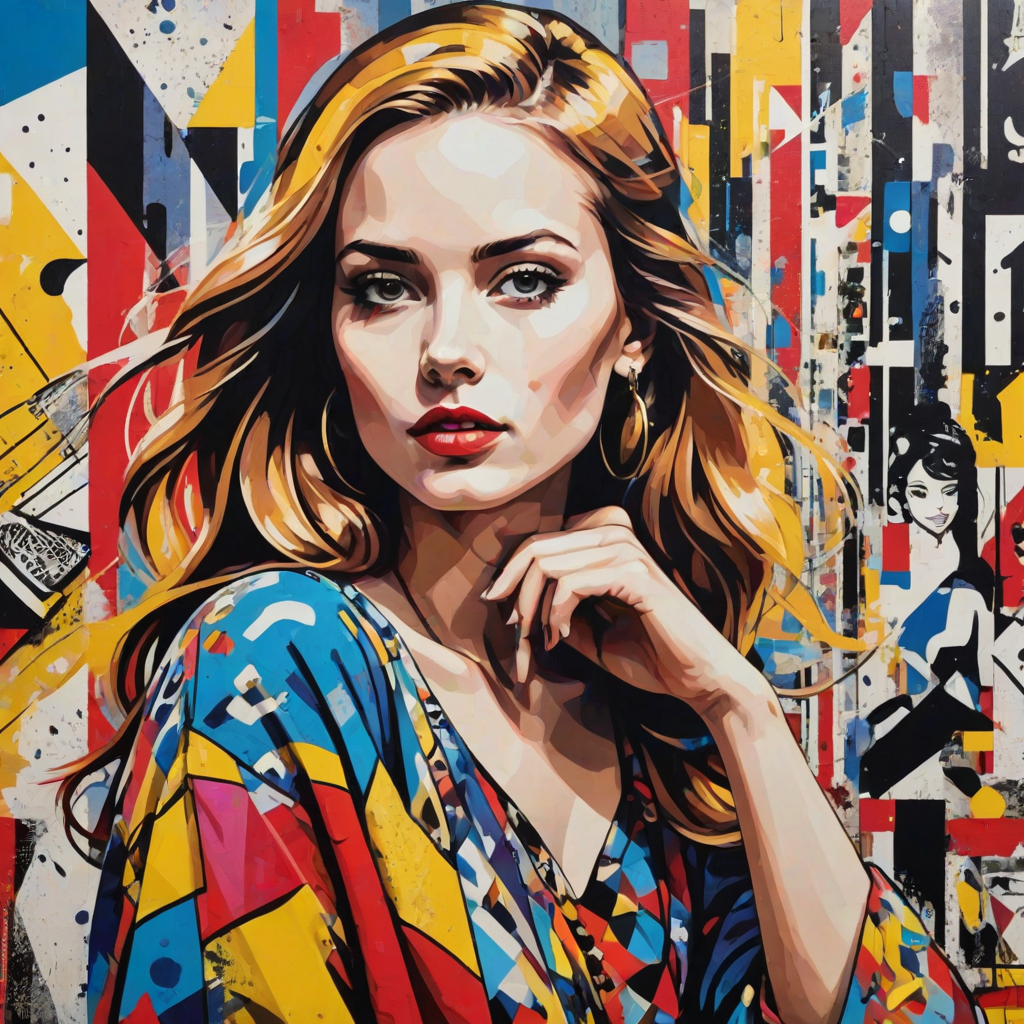 A vibrant artwork blending bohemian style with edgy street art, featuring a young Swedish woman. The design mixes vibrant colors with the modern Disney-inspired style, echoing Roy Lichtenstein's pop art. The overall mood is optimistic and trendy, with elements of Johannes Vermeer’s classic elegance, combined with the geometric abstraction of crystal cubism. add Stockholm silhouette
