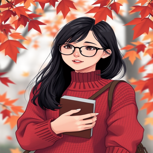 Create an illustration of a young woman with black hair and glasses, wearing a cozy red sweater, holding a book with a shoulder bag, surrounded by autumn leaves, captured in a soft focus style, using a Canon EOS R5, aperture f/2.8, 50mm lens, under natural light.