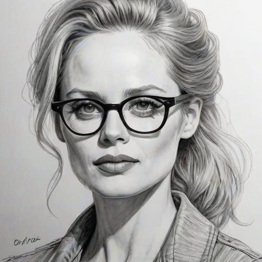 Sublime Marley Shelton, pencil sketch, portrait of Magnificent woman 1980s in glasses, hair style beatnik, outline, clear lines, fine lines, 8k