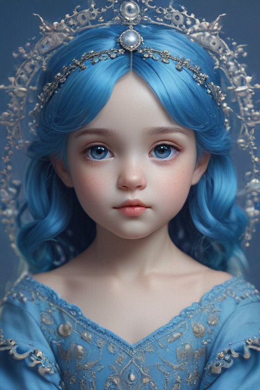 Enchanting Portrait of a Young Girl with Striking Blue Hair and Dress