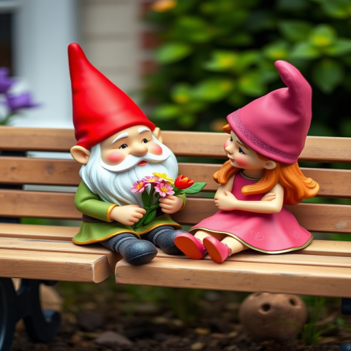 Generate a whimsical scene of a gnome pair sitting on a bench, the male gnome holding flowers and the female gnome playfully gazing at him, bright colors, soft lighting, 50mm lens, f/2.8, ISO 100, shallow depth of field, shot in high resolution.