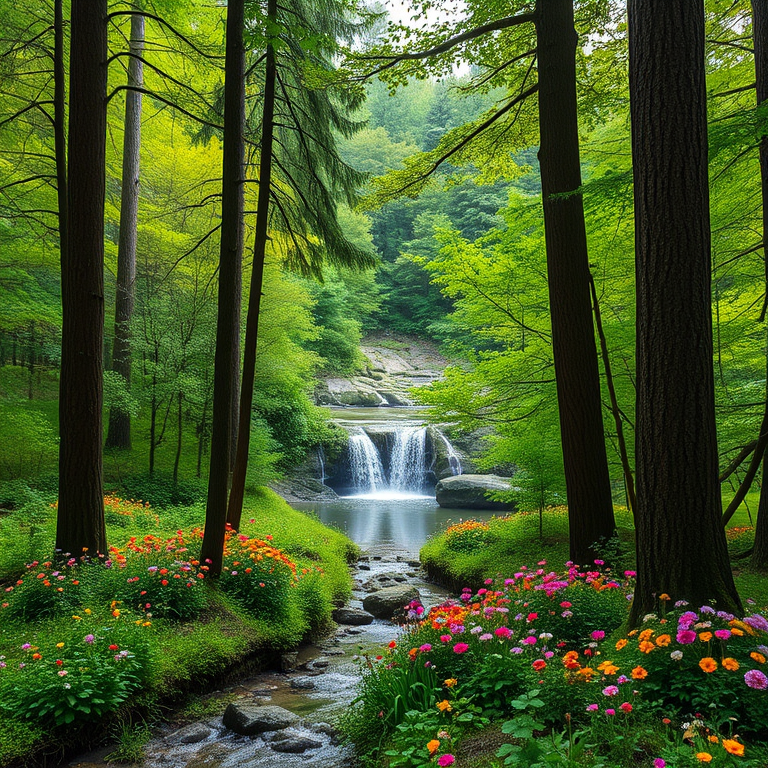 Create a serene natural landscape featuring a lush forest with tall trees, colorful wildflowers, and a tranquil waterfall in the background, reflecting vibrant greenery and a peaceful atmosphere.