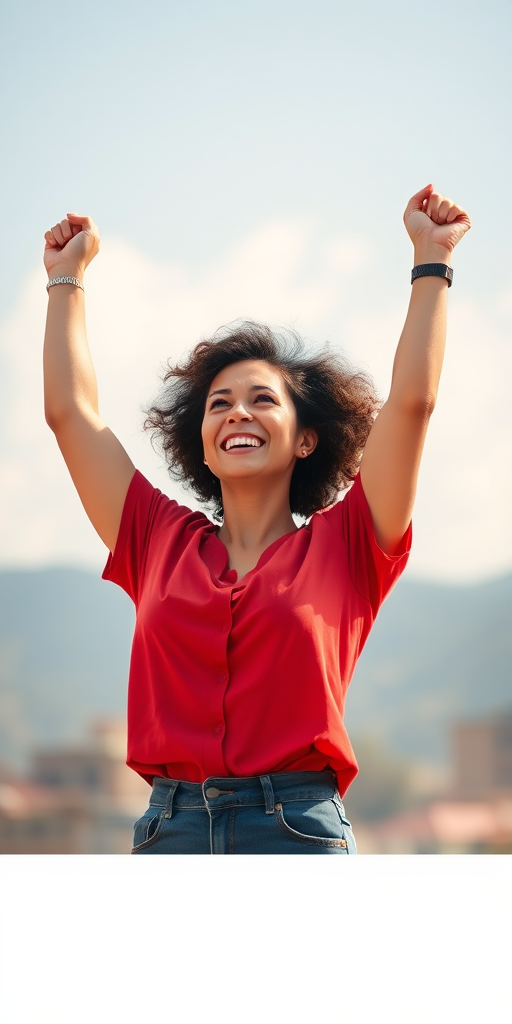 Create a high-resolution digital illustration of a strong, determined woman celebrating her success with raised arms in a vibrant red shirt, using a DSLR camera with a 50mm lens, f/1.8 aperture, ISO 100, and natural lighting for an uplifting atmosphere.