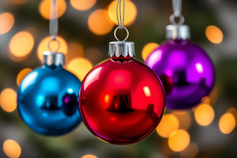Create an image of three glossy Christmas ornaments in blue, red, and purple with a bokeh background of warm lights, using a DSLR camera with a 50mm f/1.8 lens, ISO 100, aperture f/2.8, and a shallow depth of field to enhance detail and color vibrancy.