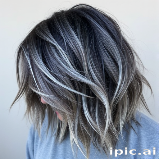 Smoky charcoal grey hair forms the base of the edgy "Storm Cloud" style. The long, layered cut features wispy, feathered ends that create movement and texture. Silver and white highlights throughout mimic flashes of lightning, while the overall look is styled in tousled, windswept waves for a dramatic, weather-inspired effect.