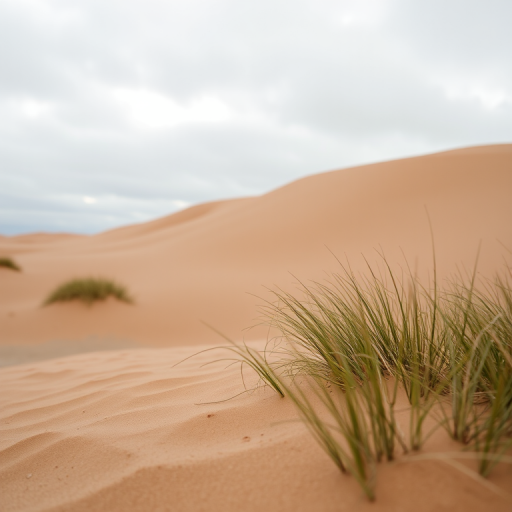 desert landscape with sandy dunes, overcast sky, focus on textures of sand and grass, taken with a DSLR camera, 35mm lens, aperture f/11, ISO 200, 1/200 sec shutter speed, wide-angle view for depth and detail